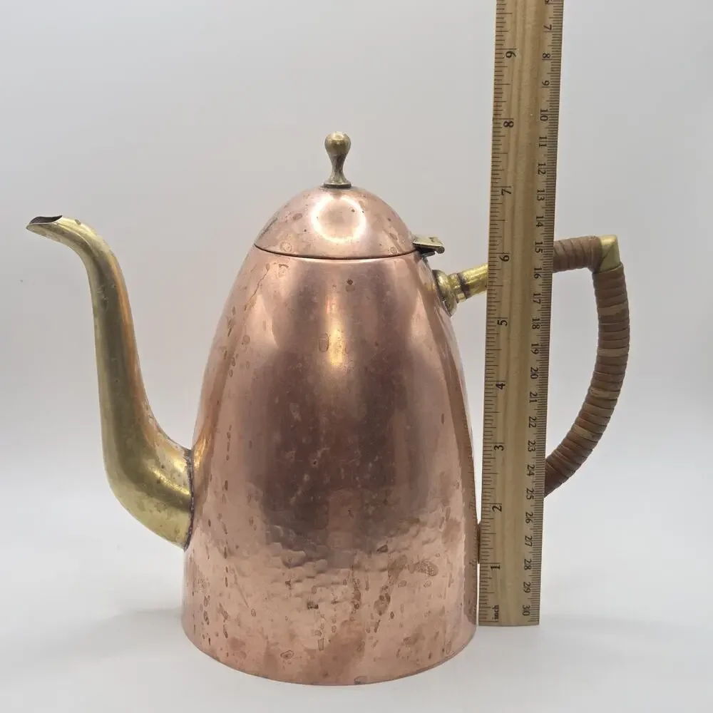 MCM Tea Pot O.H. Lagerstedt Swedish Hammered Copper & Brass 1950s Bamboo Handle